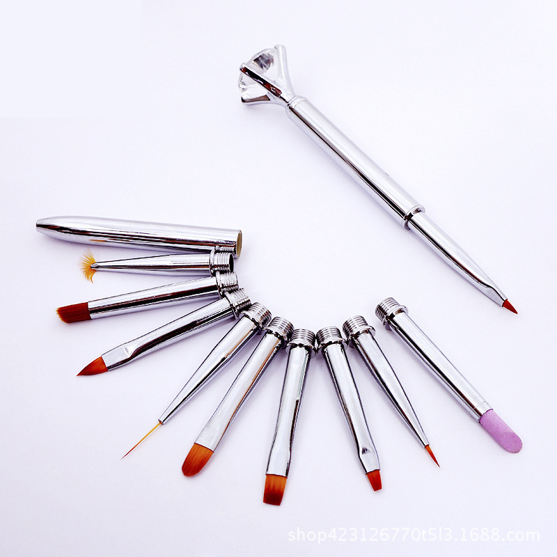 High quality 11pcs nylon hair aluminum handle cute nail gel brush with logo