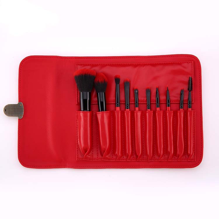 Attractive Brush Tools Fresh Red 10PC Travel Brush Kit Soft Vegan Fiber Brush Set with HandBag