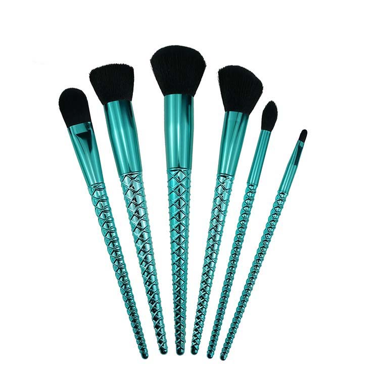 6 Pcs Black Hair Blue Brush Mermaid Makeup Brush Sets Foundation Brushes