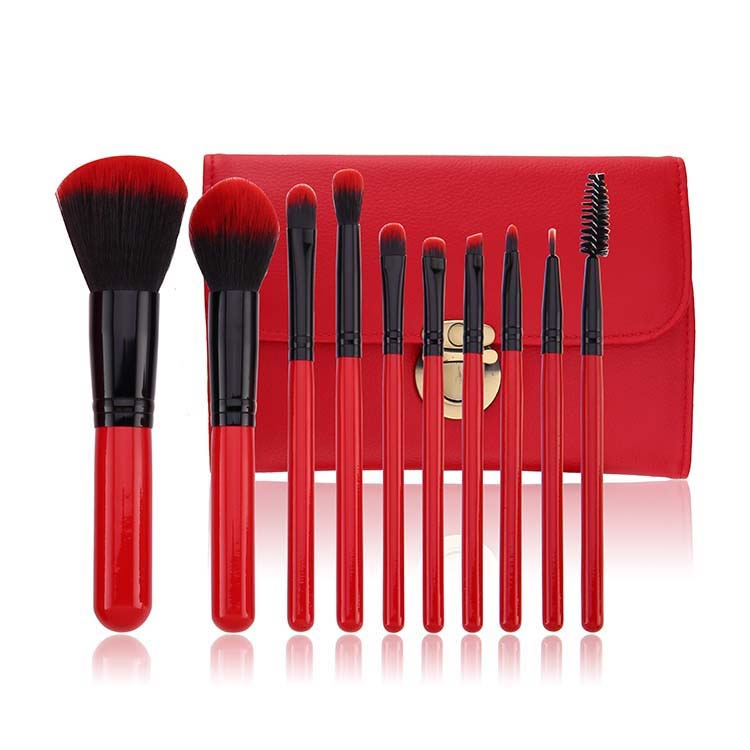 Attractive Brush Tools Fresh Red 10PC Travel Brush Kit Soft Vegan Fiber Brush Set with HandBag