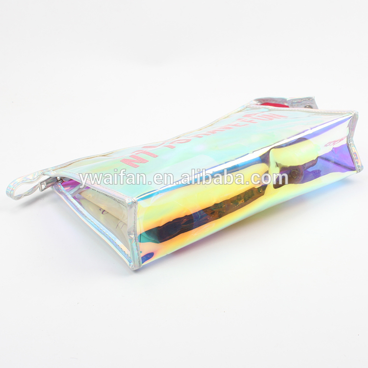 Hologram Print Zipper Cosmetic Makeup Travel Pouch for Women Silver Holographic Bag