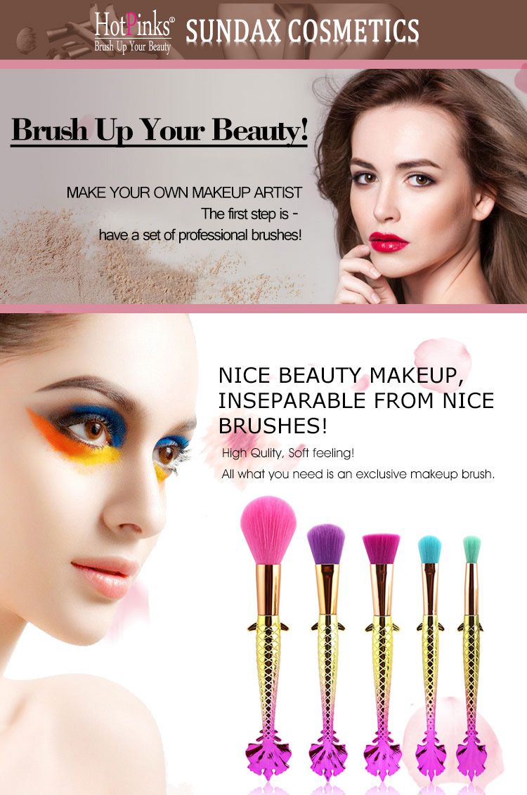 5PCS New Professional Kabuki 3D Makeup Brushes Mermaid Fishtail Oval Rainbow Cosmetic Make Up Brush Set