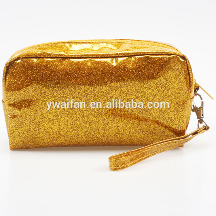 PVC Leather Cosmetic Case Kids Handle Pencil Bag Travel Pouch Glitter Cosmetic Bag
