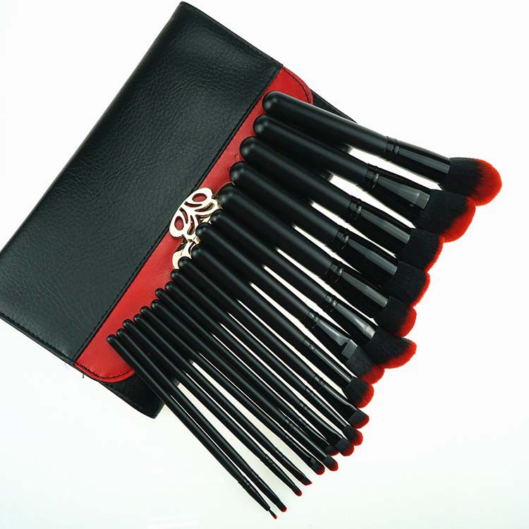 18Piece professional black wooden handle two tone synthetic hair makeup brush set with makeup bag holder