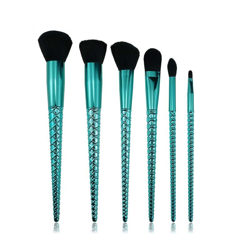 6 Pcs Black Hair Blue Brush Mermaid Makeup Brush Sets Foundation Brushes