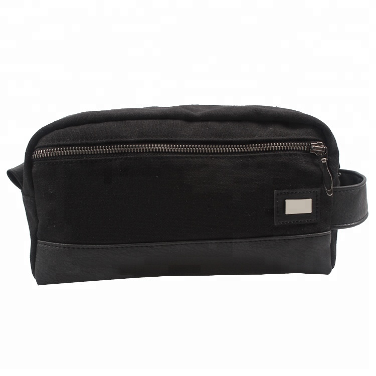 Heavy Duty Canvas And PU Toiletry Bag For Men Durable Black MenTtoiletry Bag