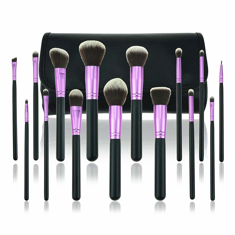15 Piece Purple Ferrule New Makeup Brushes Flat Foundation Makeup Brush With PU Bag