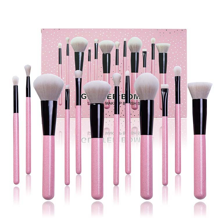 12 Pcs Glitter Pink Handle White Hair Bling Vegan Makeup Brushes Set With Box
