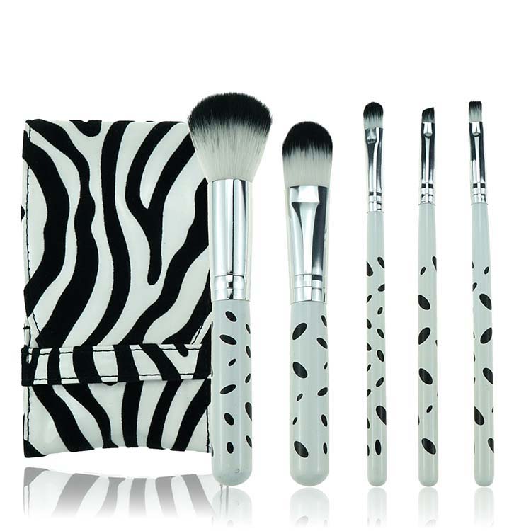 5 Pcs Black Stippling Makeup Brush Travel Set With Stripes PU Bag