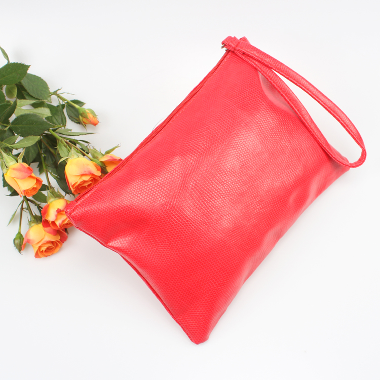 Fashion PU Ladies Clutch Bag with Wristlet Red Faux Leather Clutch Bag Women
