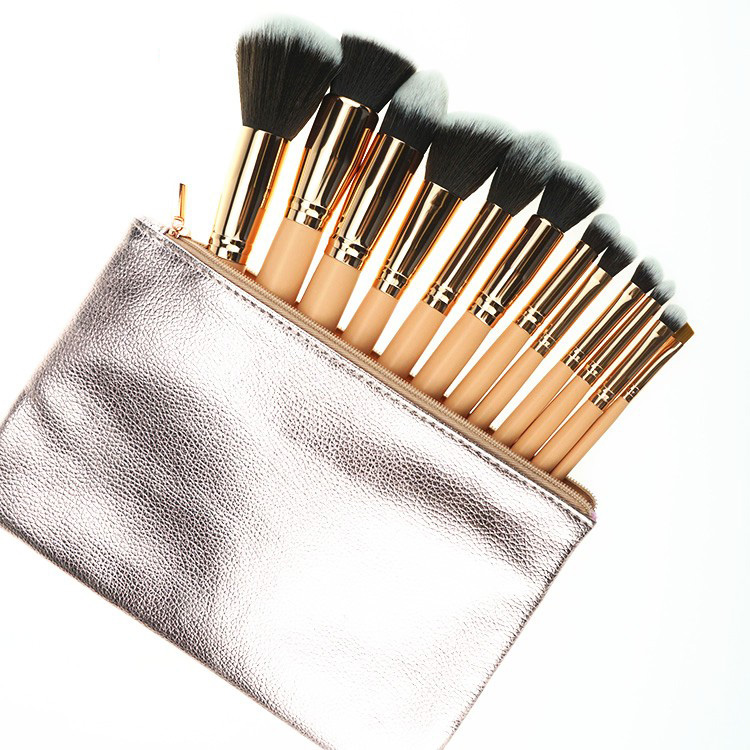 Best selling free sample rose gold synthetic hair makeup brushes with pink leather bag