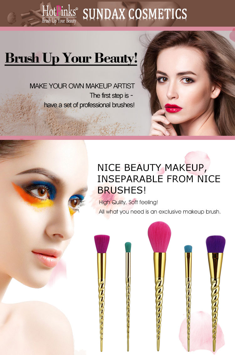 HOTPINKS Best Cheap 5Pcs Rainbow Colorful Makeup Brush Set Gold Spiral Handle Professional Cosmetics Brushes