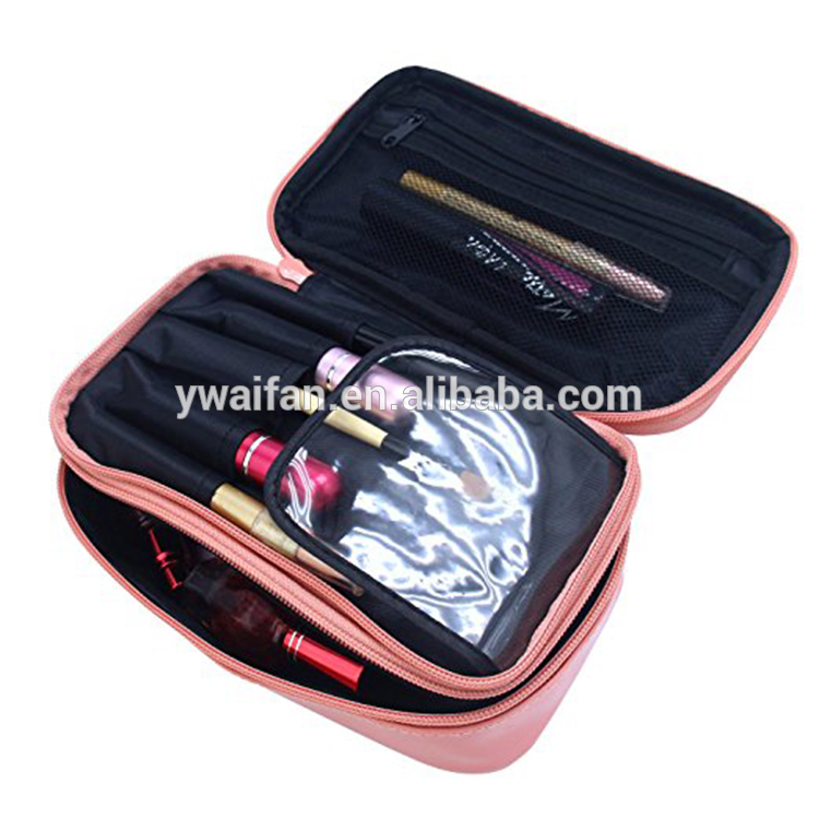 Makeup Brush Cosmetic Organizer Portable 2 layer Makeup Pouch Holder PU Leather Case with Carry Handle for Travel