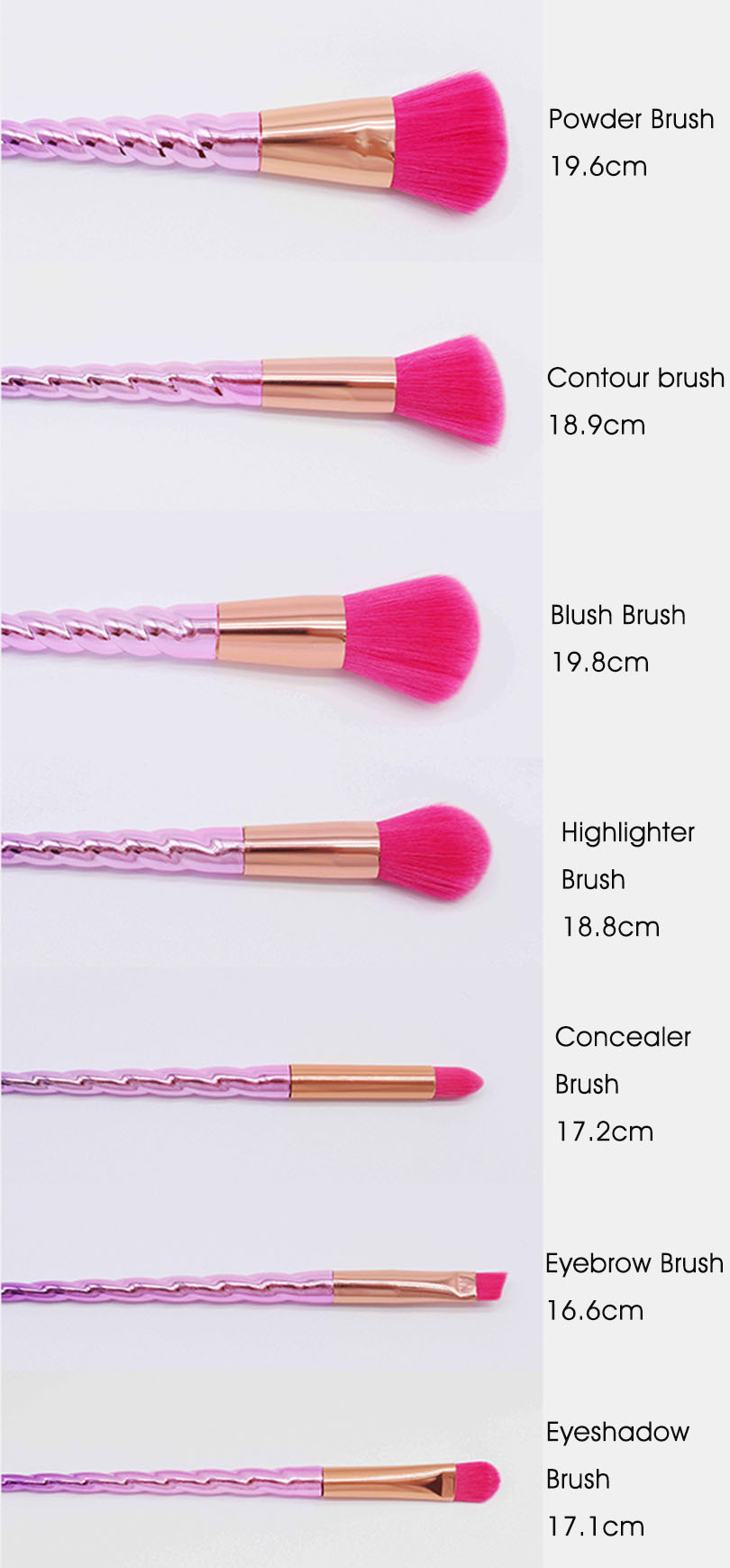 New high quality 7pcs spiral handle pink purple makeup brushes