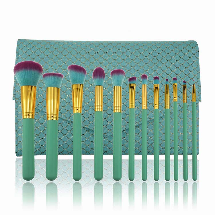 12PCS Green Mermaid Makeup Brush Set, Soft Synthetic Bristles Make Up Powder Blush Contour Eyeshadow Lip Foundation Brush