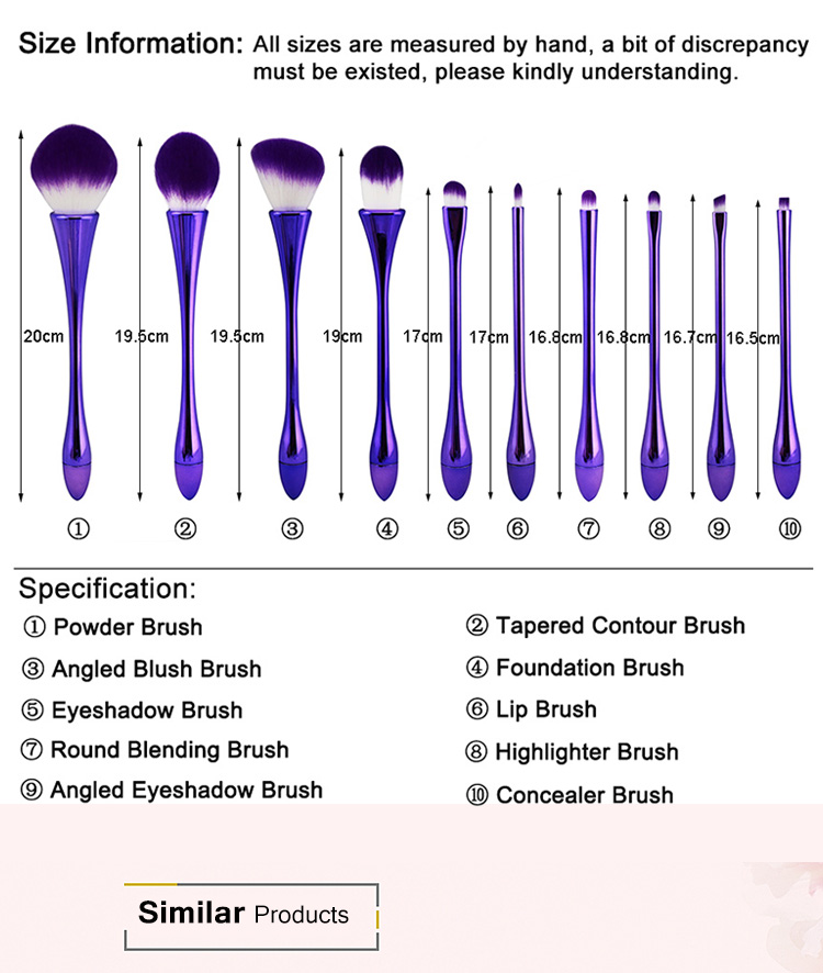 high quality 10pcs goblet purple make up brushes makeup brush set