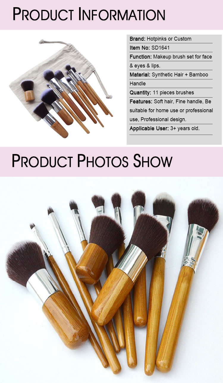 Wholesale 11 Pieces Professional Make up Brushes Natural Bamboo Kabuki Makeup Brush Set with Jute Bag