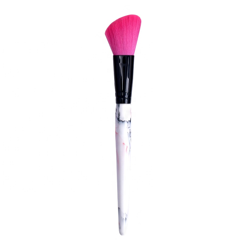 Angled Single Black Ferrule Marble Blush Makeup Brush With Holographic Bag