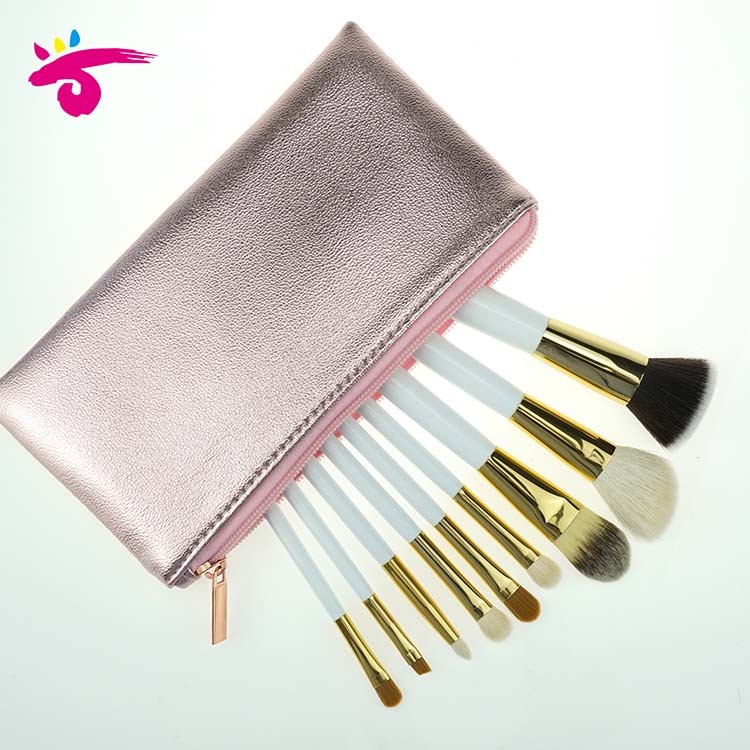 High quality gold ferrule blue handle makeup brush with pink cosmetic bag