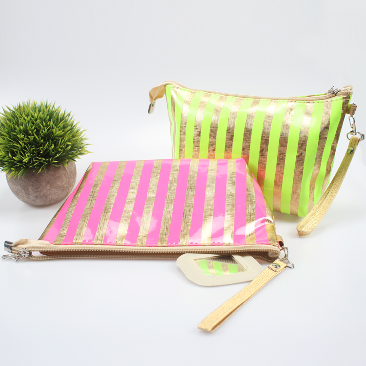 Fluorescence Toiletry Bag for Makeup Portable Stripe PVC Cosmetic Bag for Women