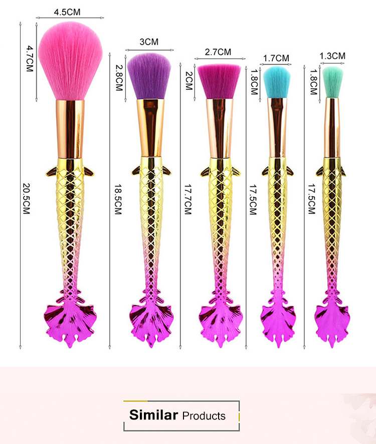 5PCS New Professional Kabuki 3D Makeup Brushes Mermaid Fishtail Oval Rainbow Cosmetic Make Up Brush Set