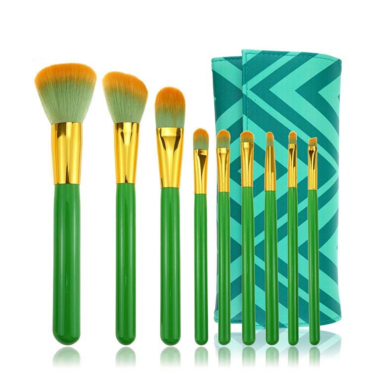Travel case 9pcs unique angle green makeup brushes set
