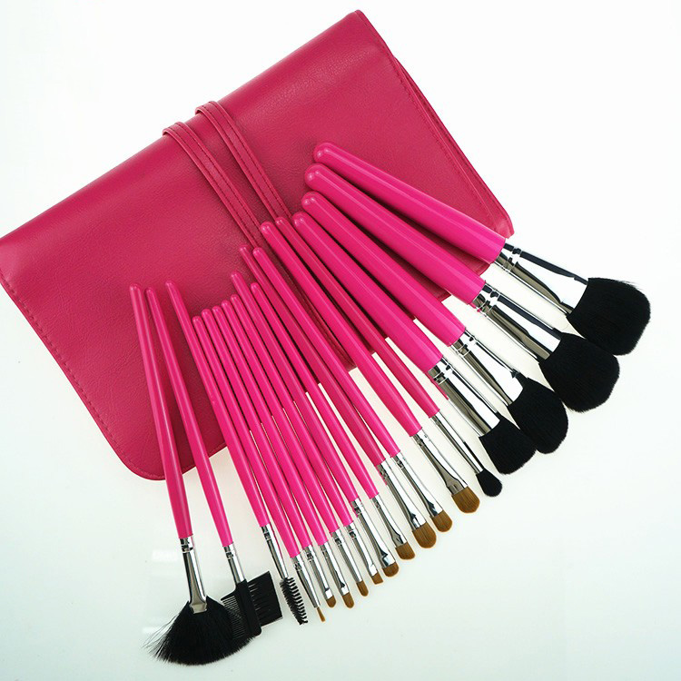 18Pieces hot pink wooden handle synthetic hair professional makeup brush set portable cosmetic bag