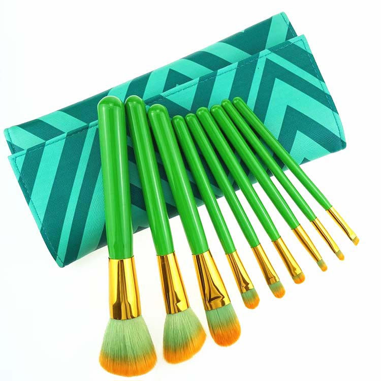 Travel case 9pcs unique angle green makeup brushes set