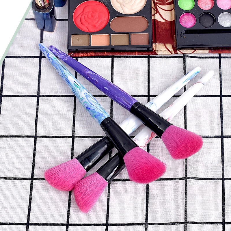 Angled Single Black Ferrule Marble Blush Makeup Brush With Holographic Bag