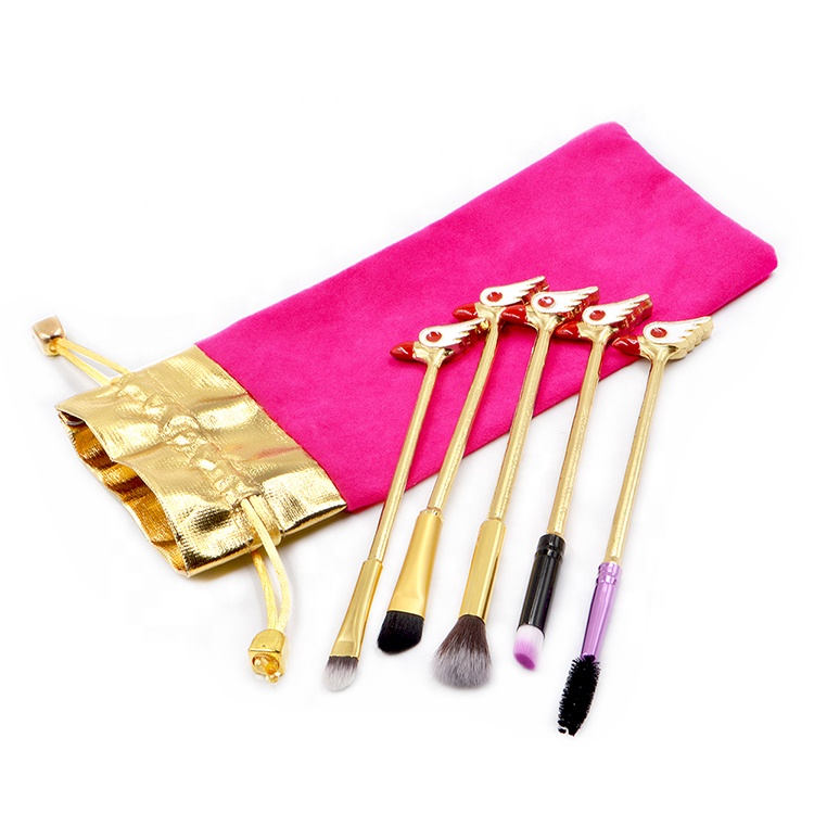 Portable Cute Metal Handle 5pcs Mini Makeup Eye Brush Set With Draw Bag