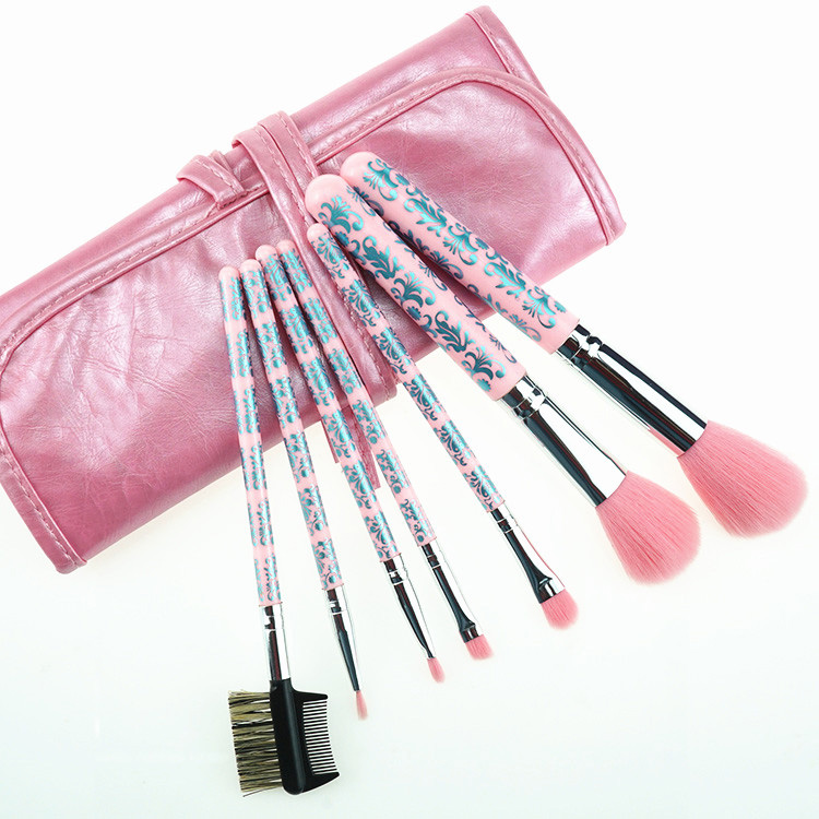 Mini Pink 7PCS Portable Flower Travel Makeup Brush Kit WIth Brush Case