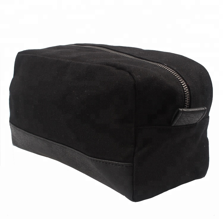 Heavy Duty Canvas And PU Toiletry Bag For Men Durable Black MenTtoiletry Bag