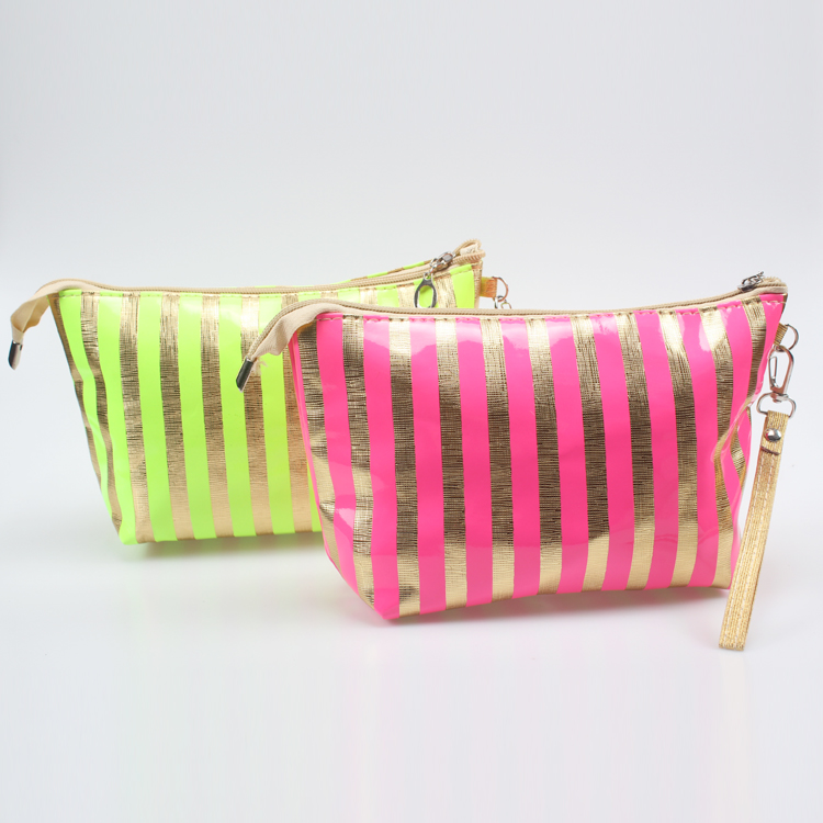 Fluorescence Toiletry Bag for Makeup Portable Stripe PVC Cosmetic Bag for Women