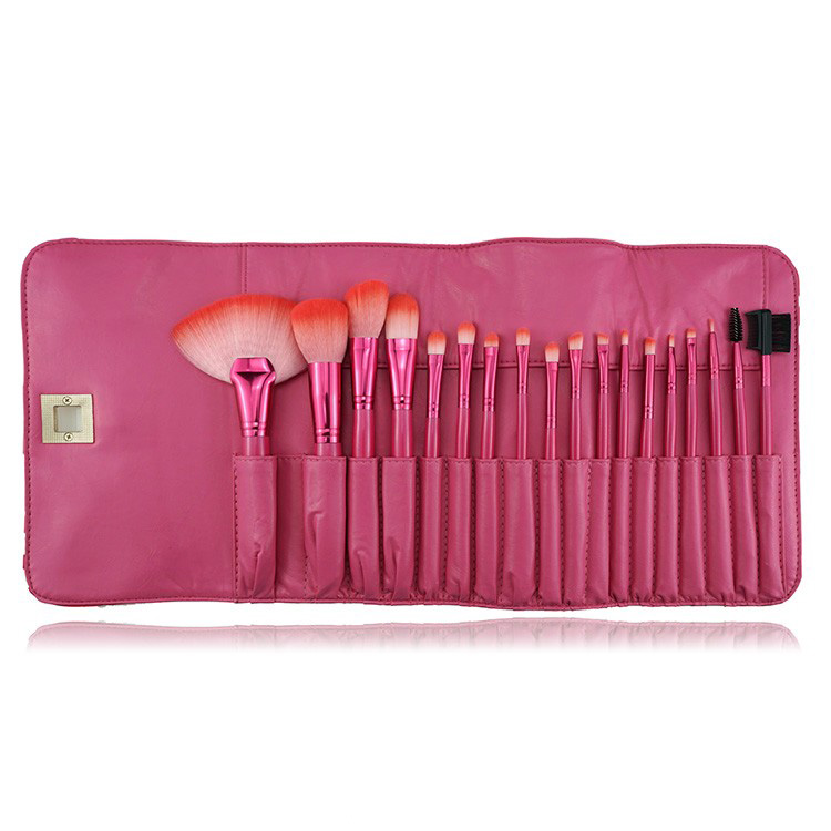18Pieces pink wooden handle synthetic hair makeup brush set with portable bag