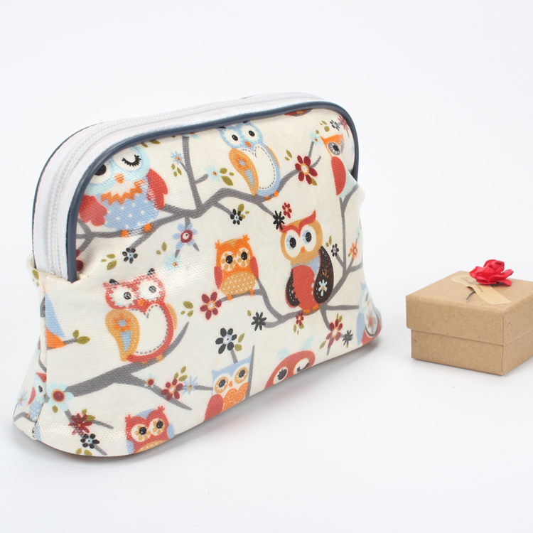 Laminated Canvas Cute Owl Pattern Cosmetic Bag Private Label Makeup Bag Custom Makeup Bag