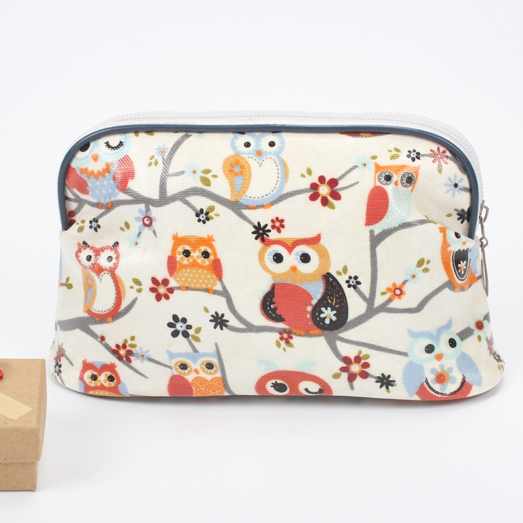 Laminated Canvas Cute Owl Pattern Cosmetic Bag Private Label Makeup Bag Custom Makeup Bag