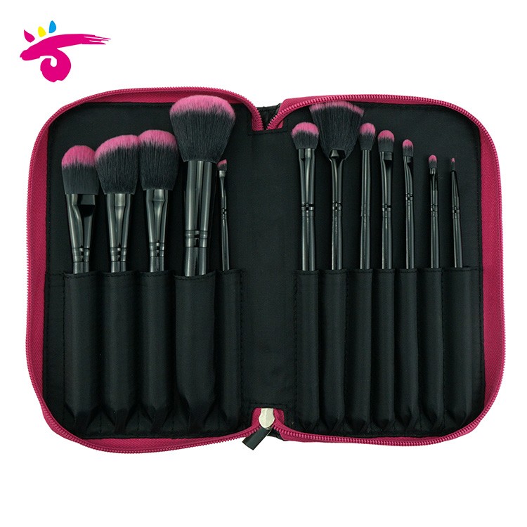 Private label luxury black synthetic hair cosmetic brush set kit with diamond makeup bag