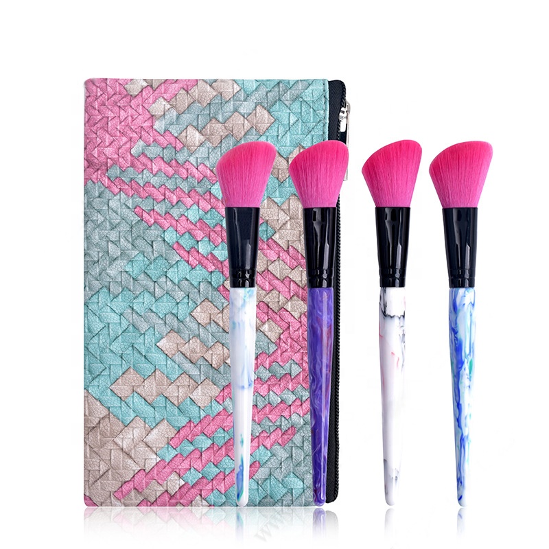 Angled Single Black Ferrule Marble Blush Makeup Brush With Holographic Bag