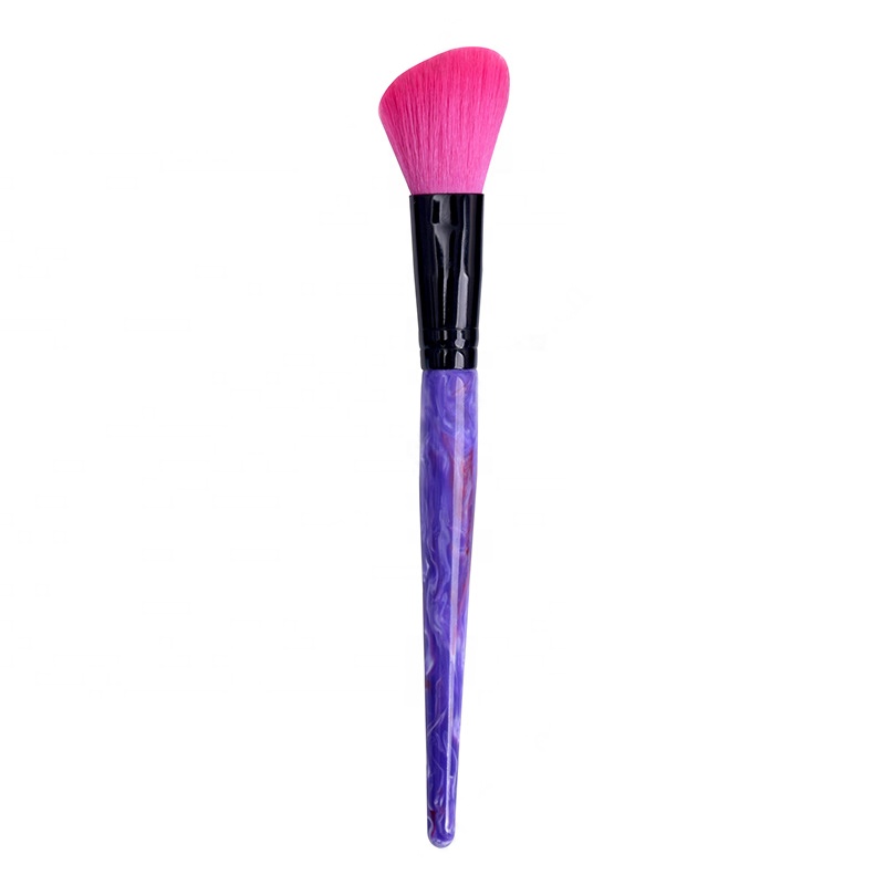 Angled Single Black Ferrule Marble Blush Makeup Brush With Holographic Bag