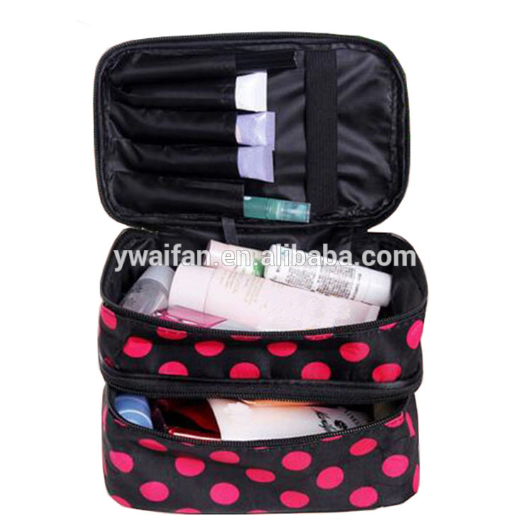 Black with Red Dot Travel Toiletry Cosmetic Makeup Bag Organizer Double Layer Cosmetic Bag