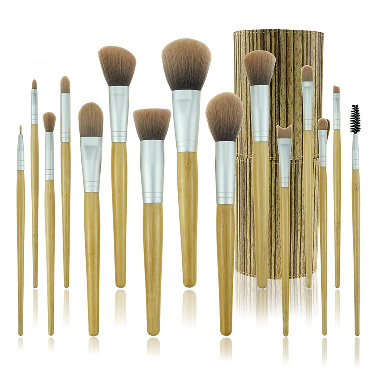 Multi-functional wooden handle silver cosmetic brushes set with PVC makeup case