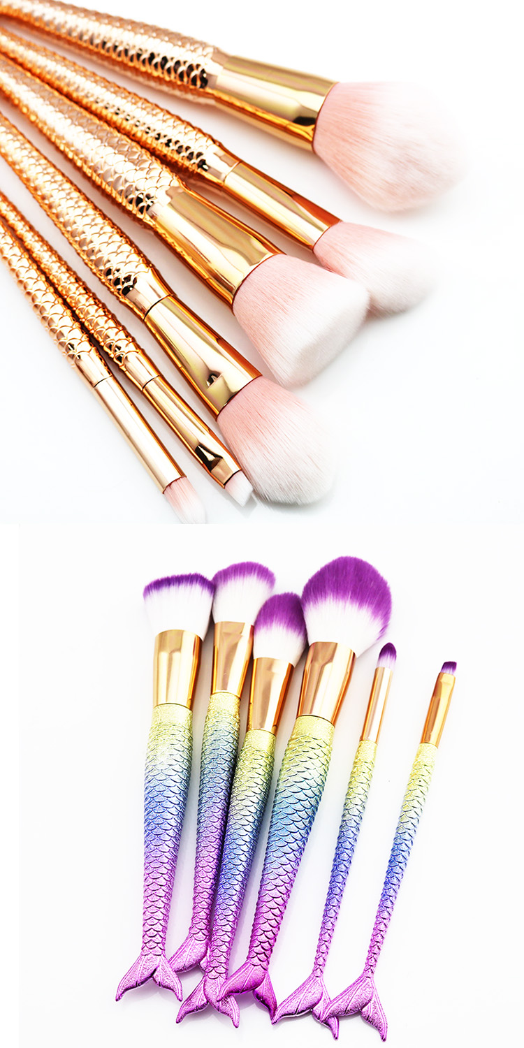 Hot Sale 6 Piece Fish Tail Makeup Brushes Mermaid Make Up Brush Set