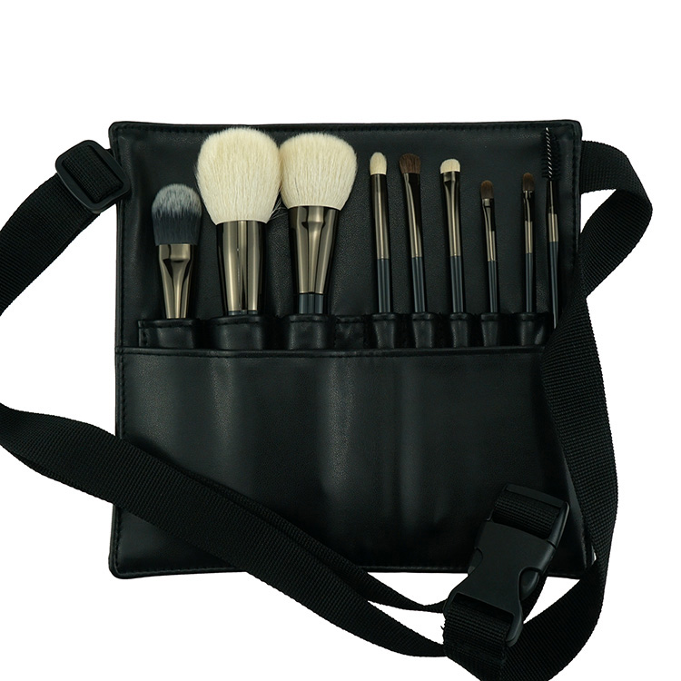 9PCS Gunmetal Professional Animal Hair Cosmetic Brush Set With Waist Pouch