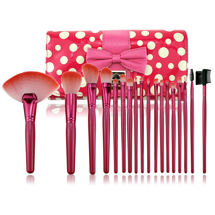 18Pieces pink wooden handle synthetic hair makeup brush set with portable bag