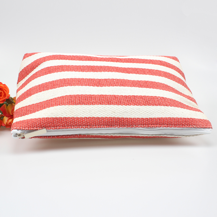 Fashion Red and White Stripe Straw Bag Beach Cosmetic Bag Clutch Straw Bag