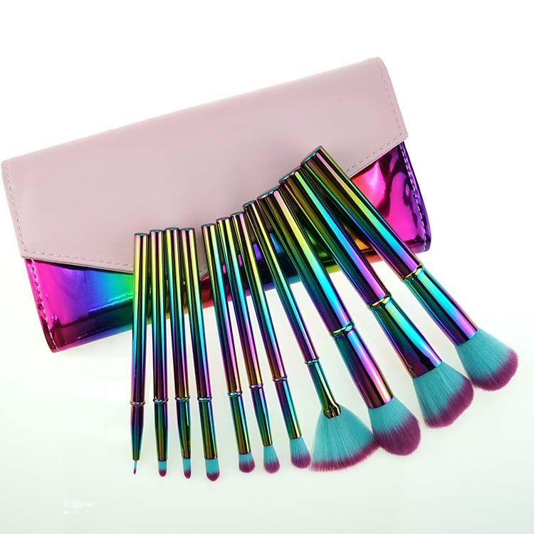 11 Piece Multi Color Electroplating Mental Handle Makeup Brush Kit With Bag