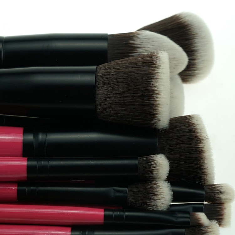 Customized high quality synthetic hair hot pink makeup brushes with black makeup brush roll