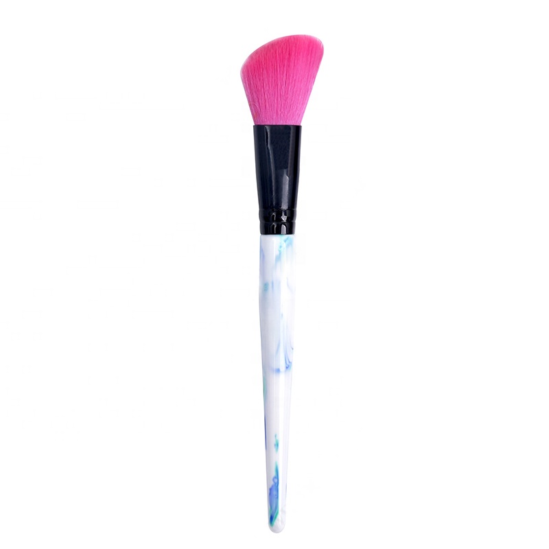 Angled Single Black Ferrule Marble Blush Makeup Brush With Holographic Bag
