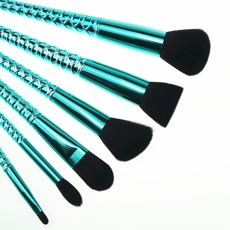 6 Pcs Black Hair Blue Brush Mermaid Makeup Brush Sets Foundation Brushes
