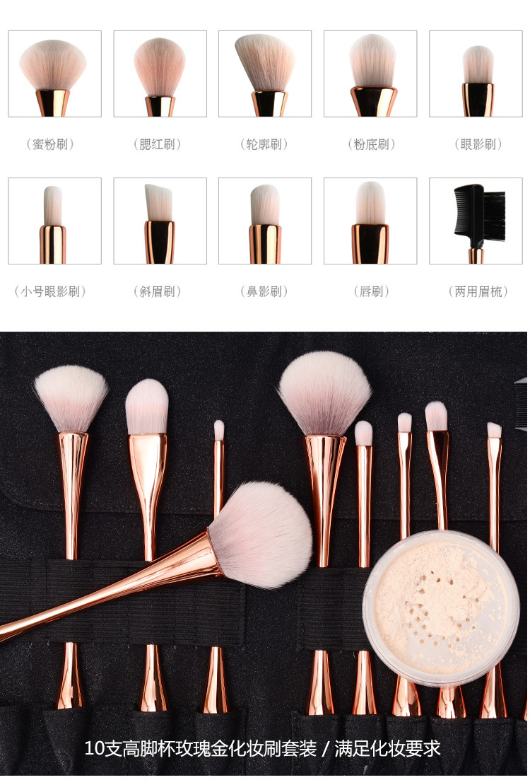 Luxury Plating 10pcs Makeup Brush Set With Bag